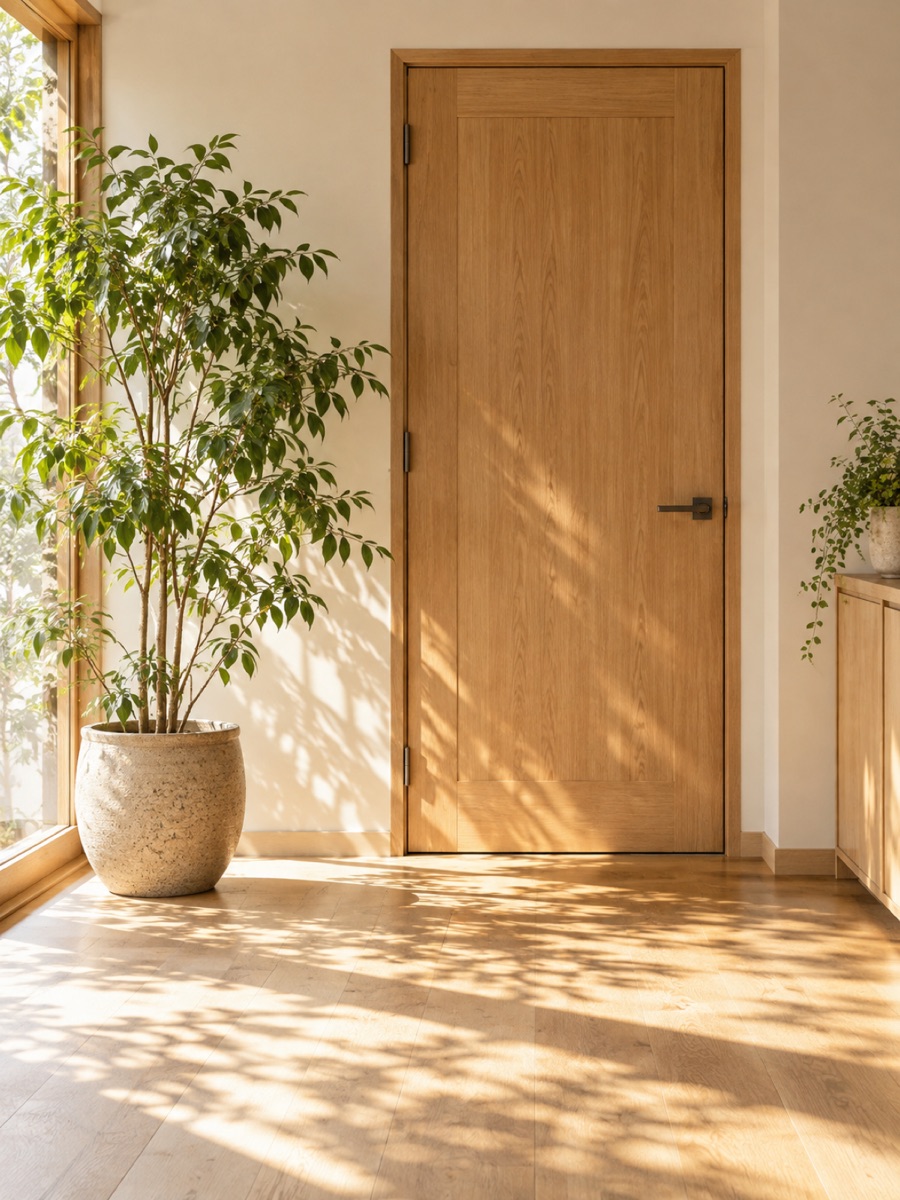 観葉植物のある明るい事務所の入口